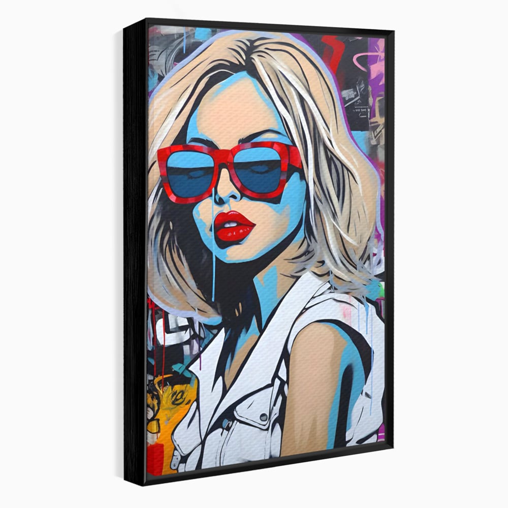 Tablou canvas cu tablou canvas portret pop art femeie cu ochelari, in rama de aluminiu negru